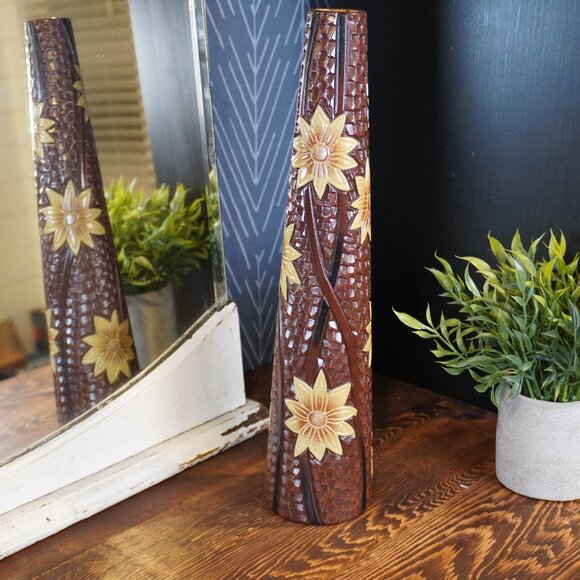 Vintage Studio Pottery Vase Brown Glazed Ceramic Vase with Embossed Flowers - Picture 2 of 12